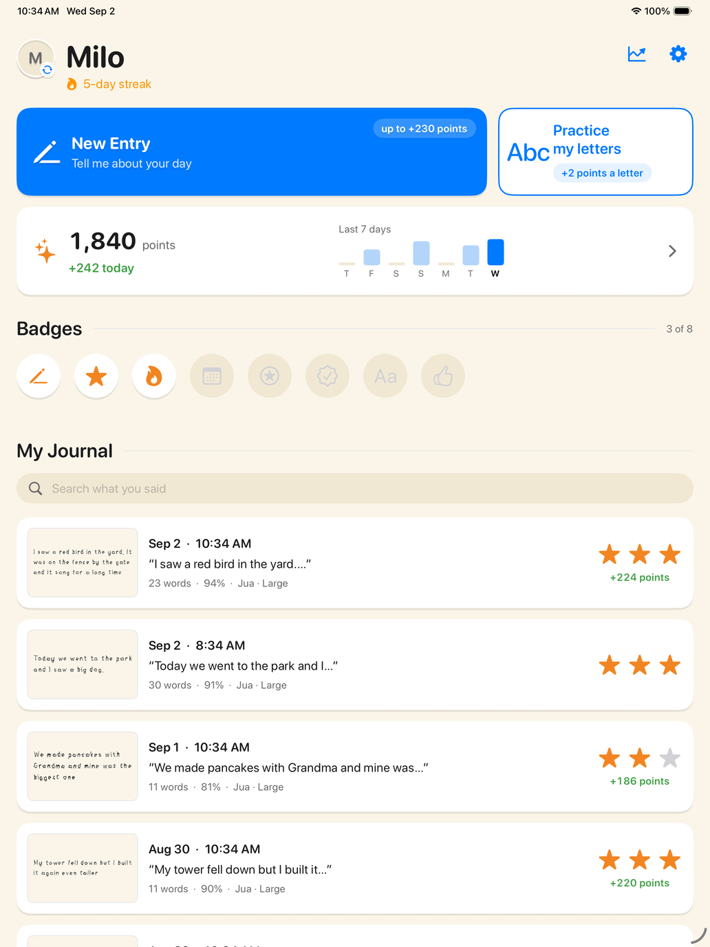 The journal home: New Entry and Practice tiles, points, badges, and dated entries with handwriting thumbnails