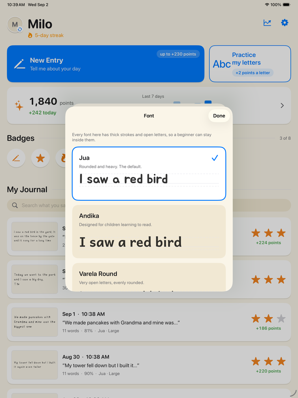 The font picker: Jua, Andika and Varela Round, each previewed with the sentence I saw a red bird