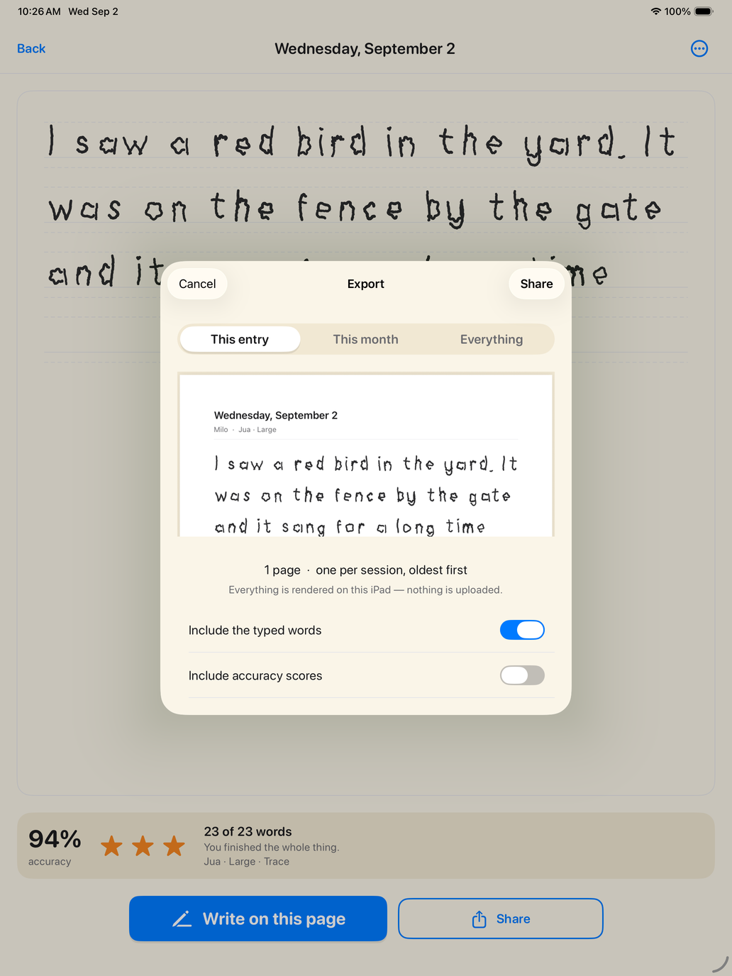 The export sheet over a journal page: this entry, this month or everything, with a preview and switches for typed words and scores