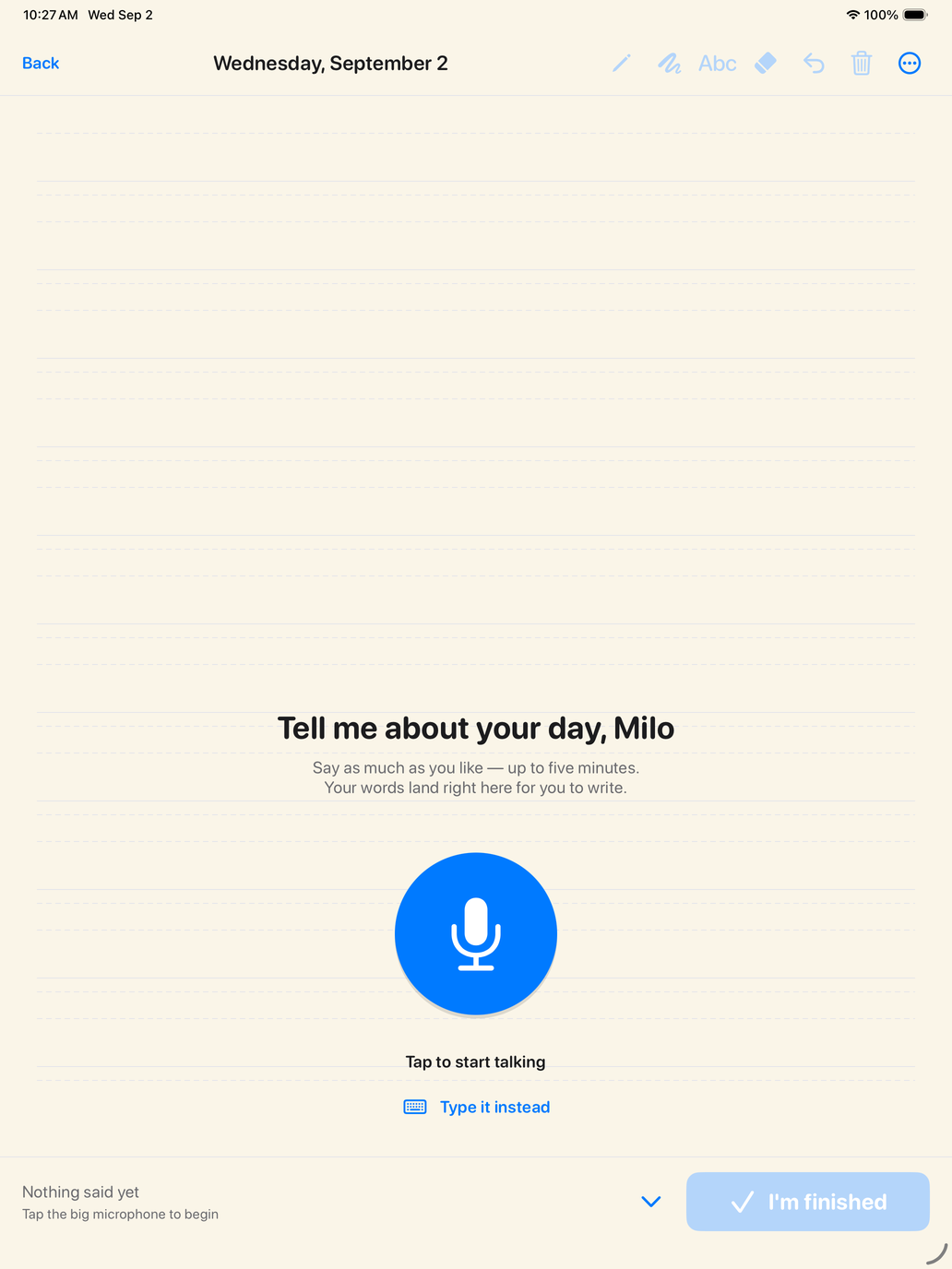 A blank ruled page with one large microphone button: Tell me about your day, Milo