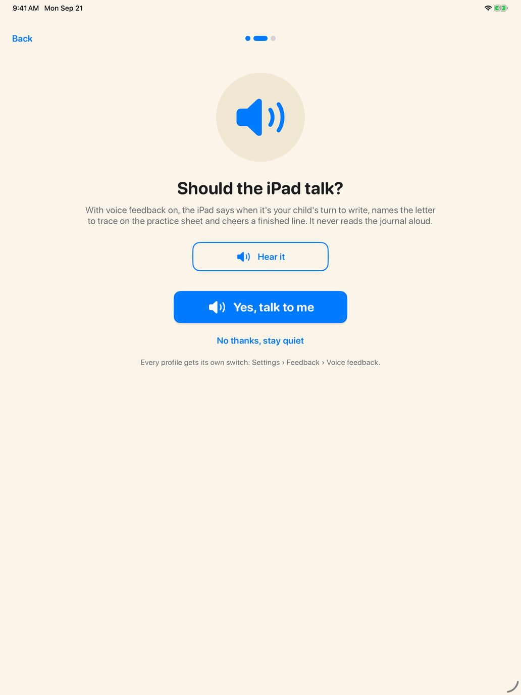 The welcome asking Should the iPad talk? — Hear it, Yes talk to me, or No thanks stay quiet, with a note that every profile gets its own switch